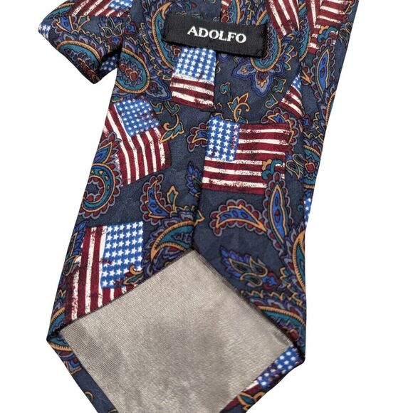 Adolfo 100% Silk Tie American‎ Flag Paisley Patriotic USA Classic Width - Picture 6 of 12